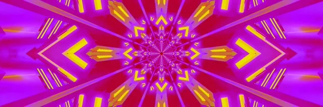 Violetinė ir geltona neon kaleidoskopas žvaigždė sprogimas spinduliuojantis iš centro, simetriškas geometrinis VJ ciklas su intensyviais šviesos spinduliais
