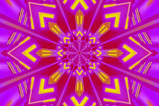Neon kaleidoscope burst yenye nguvu na mifumo ya kijiometri ya magenta, manjano na pembeni inayotoka katikati katika loop ya VJ