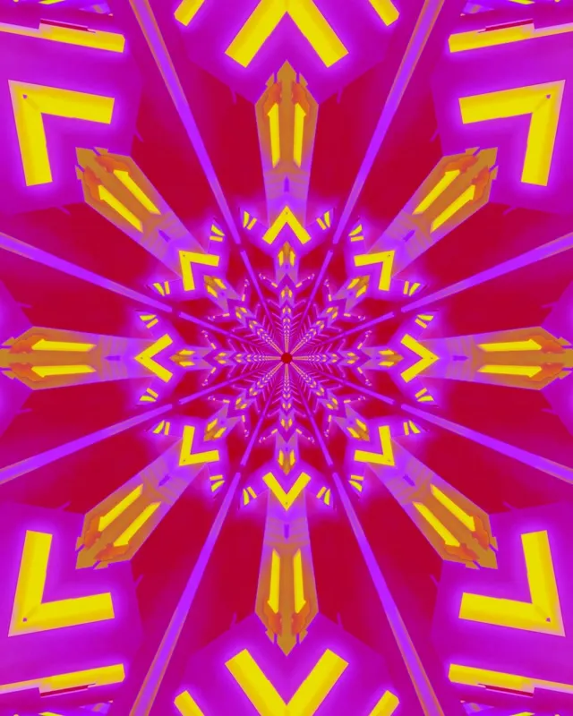 Lewende neontunnel met kaleidoskopiese geel en magenta sterplatsingpatroon wat van die middelpunt uitstraal, skep fassinerende VJ loop agtergrond