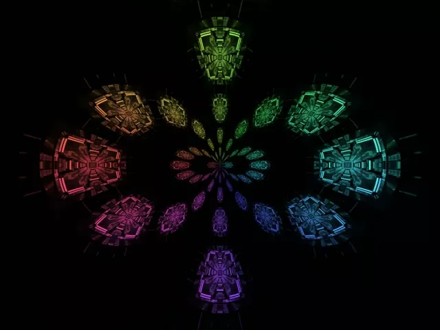 Túnel de neón refulgente con flores fractais arco da vella simétricas irradiando desde o centro, formas rosa, ciano e violetas brillantes sobre fondo negro, bucle VJ 60fps