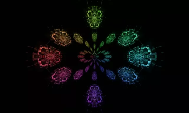 Neon forma geometrikoen simetria erradiala argiaren koloretan—gorria, berdea, urdina, bioleta—zirkularra bortex ereduan antolaturik, 4K VJ loop