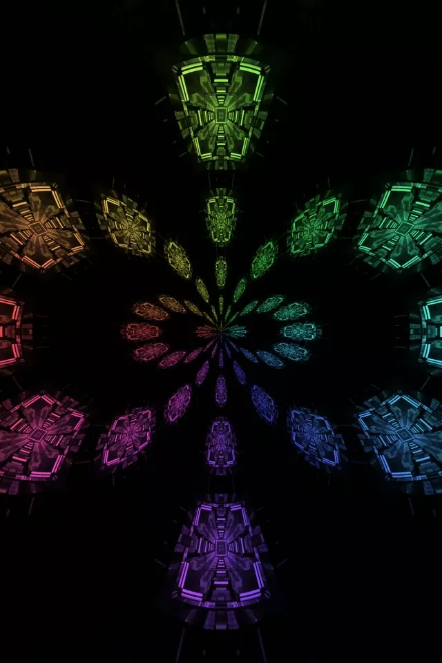 Vibranta neoninė tunelis su spinduliuojančiu vaivorykštės fraktalinio kaleidoskopu šablonas, spindinčios žalios, rožinės, violetinės ir ciano geometrines formos juodam fone, 60fps VJ kilpa