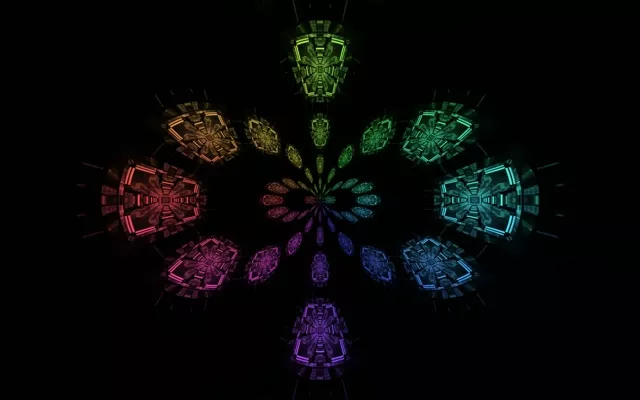 Bunte Neon-Mandalas in kreisförmigem Tunnel mit leuchtenden grünen, roten, blauen und violetten Formen auf schwarzem Hintergrund, 4K VJ Loop