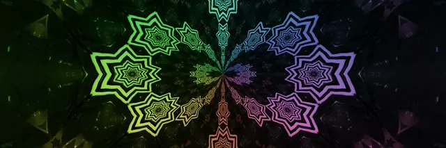 Symetrické neonové hviezdy mandal v zelenej, fialovej a žltej farbe tvoriace žiarivý vír tunelu, abstraktné VJ Loop pohybové pozadie 60fps