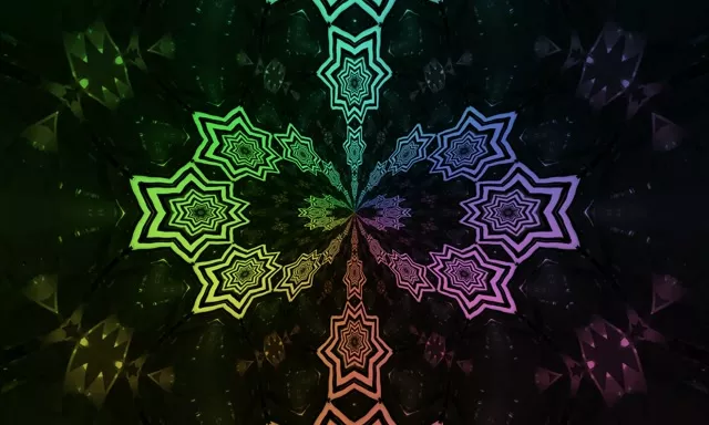 Kaleidoskopi i yllit neon ndritshëm me ngjyra ylberi duke u spiralizuar përmes tuneli të errët, dritë jeshile, cyan dhe magenta në këtë lak VJ abstrakt 60fps