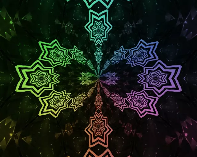 Simetrinis neoninės žvaigždės kaleidoskopas su spindinčiais žaliais, violetiniais ir oranžiniais geometriniais raštais 60fps VJ kilpoje