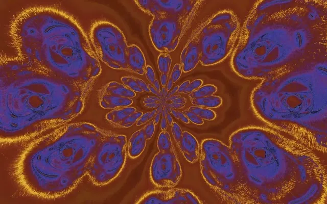 Spindintis neono tunelis su mėlynais ir auksiniais fraktaliniais kaleidoskopo raštais, sprogstančiais simetriškomis kilpomis, sudarant abstraktų 4K judantį foną