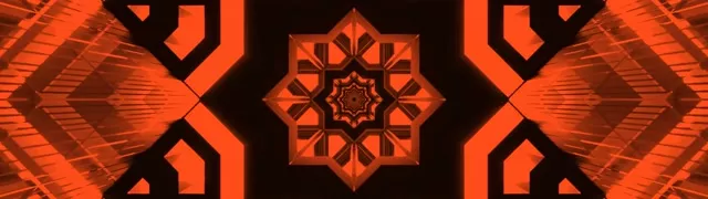 Pola bintang kaleidoskop neon merah simetri dengan bentuk geometris bersinar dari pusat, warna oren dan hitam mencipta kesan kedalaman terowong dalam gelung VJ ultra-lebar 32:9