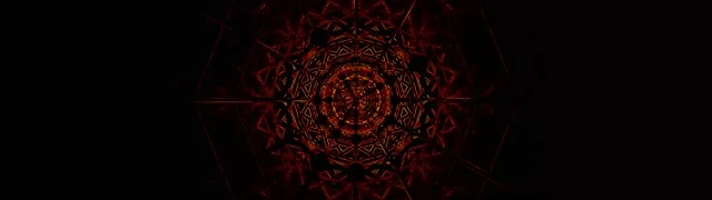 Mandala fractal de neón rojo intenso espiralizándose en túnel oscuro, patrón geométrico brillante para animación VJ loop