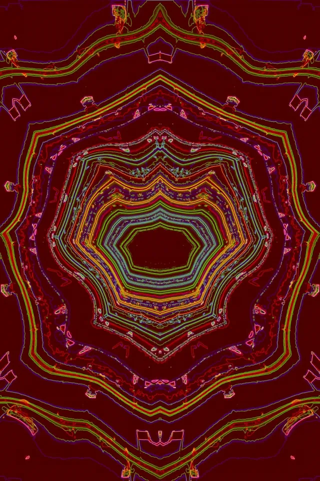 সমকেন্দ্রিক নিয়ন মন্ডল উজ্জ্বল লাল, সোনালি এবং বেগুনি জ্যামিতিক স্তর সহ যা অভ্যন্তরীণভাবে সর্পিলভাবে ঘুরছে, VJ লুপের জন্য একটি মুগ্ধকর ক্যালিডোস্কোপ প্রভাব তৈরি করছে।