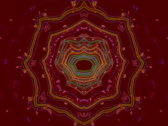 Συγκεντρικό νέον μάνταλα με χρυσό-κόκκινες λαμπερές γραμμές που κυκλώνουν προς τα μέσα, αφηρημένο 4K VJ loop