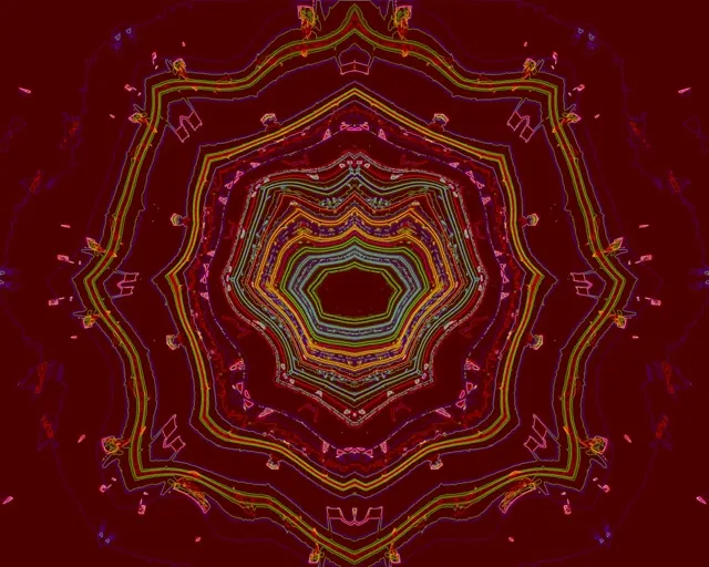 Tunnell geometrig neon cymesur gydag fframiau hecsagonol coch, aur a gwyrdd disglair yn cylchdroi i mewn, gan greu tŵp symudiad troelli calidosgop hypnotig