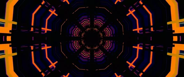 Twnnel neon cymesur gyda grid octagon oren a phorffor yn toddi i dywyllwch, yn creu cylch VJ 4K hypnotic gyda llinellau geometrig disglair a symmetri radial