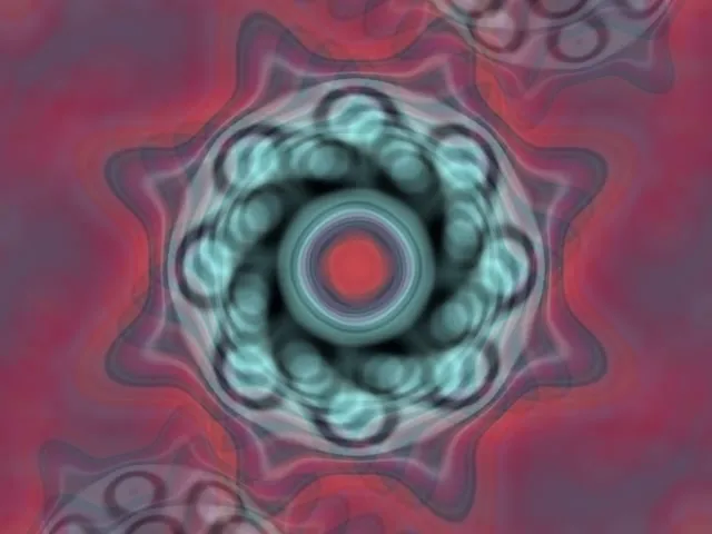 Heksagon cyan berdenyut dengan gelang konsentrik bersinar pada latar belakang neon merah dalam, grafik gerak VJ loop abstrak