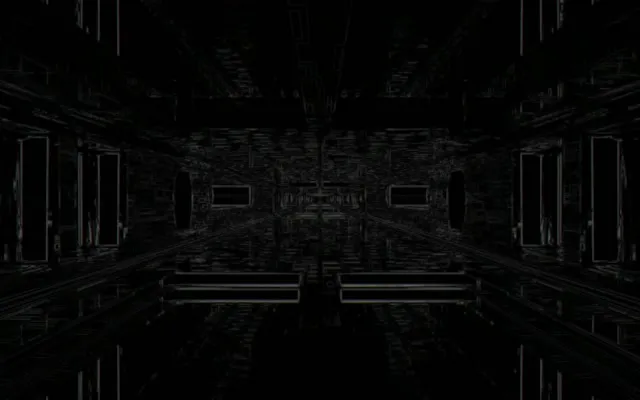 Dunkler Neon-Tunnel mit symmetrischen Perspektivlinien zur Unendlichkeit, geometrisches Drahtgitter in Graustufen und Schwarz, Tiefenwirkung für VJ-Loop-Bildschirmschoner