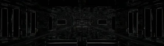 Loop VJ terowong neon gelap dengan pola kisi geometris simetris, garis cyan dan ungu bersinar menciptakan kedalaman perspektif tak terbatas