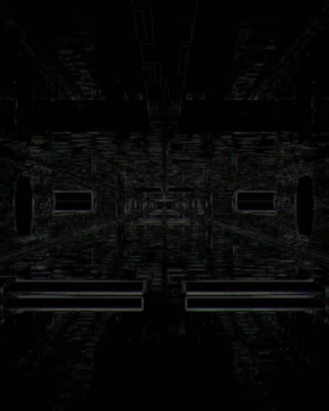 Dark neon tunnel with recursive grid pattern spiraling inward, creating infinite depth effect. Black and teal geometric vortex VJ loop for motion graphics and screensavers.