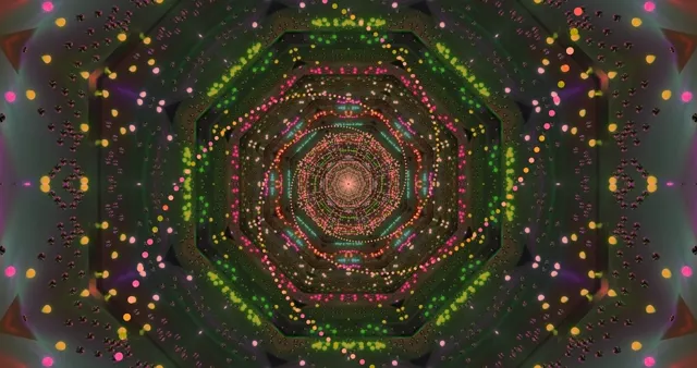 Túnel espiral neón concéntrico con puntos coloridos irradiantes, anillos geométricos rojo y verde crean vórtice profundo, bucle VJ abstracto 4K