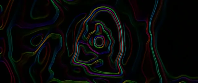 Lebendiger Neon-Tunnel mit wirbelnden Konturlinien in Rot, Grün und Blau, erzeugt eine hypnotische Spiralen-Bewegungsgrafik-Schleife