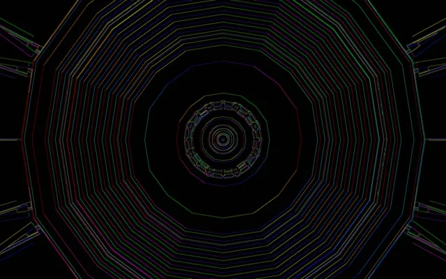 Leuchtender neontunnel mit achteckigen, konzentrisch angeordneten regenbogenfarbenen linien, die nach innen spiralisieren und einen hypnotisierenden wirbel in blau-, cyan- und magentafarbtönen erzeugen. Abstrakter VJ-loop-hintergrund.