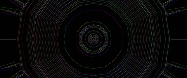 Terowongan neon konsentris dengan garis-garis biru dan merah bercahaya yang berputar ke dalam menciptakan efek vorteks dalam untuk latar belakang VJ loop abstrak