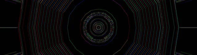 Konsentriske neon-sirkler spiralerer gjennom geometriske polygonale ringer i blå, cyan og røde nyanser og skaper en hypnotiserende vortex-tunnel VJ loop-effekt