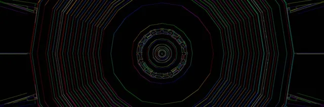 Các vòng tròn neon đồng tâm xoắn vào bên trong với xanh và đỏ rực rỡ, tạo ra hiệu ứng hầm xoáy gây say mê. Vòng lặp VJ trừu tượng.