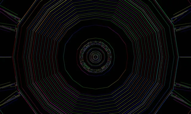 Concentrische meerkleurige neonlijnen vormen een hypnotische tienhoektunnel die spiraliserend naar binnen draait in rode, blauwe en groene tinten op zwarte achtergrond – abstract 4K VJ loop