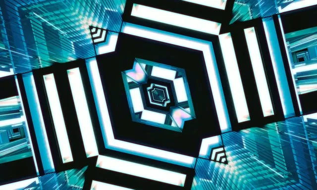 Geometrijski neonski tunel v cijan in beli barvi spiralno vrtečim se s šestkotnim vortex vzorcem, abstraktna VJ zanka 60fps