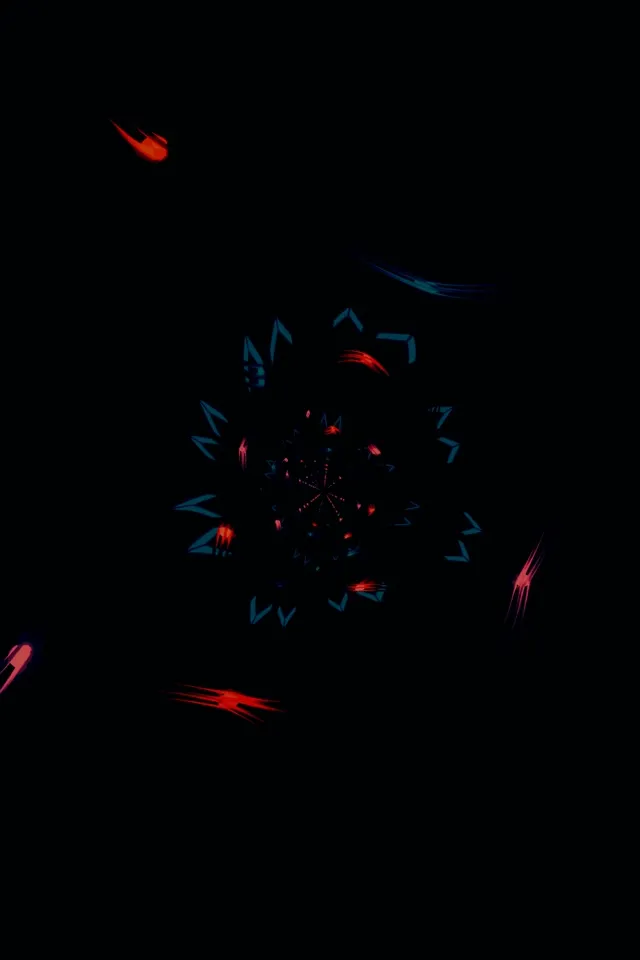 গভীর নীয়ন সর্পিল লাল এবং নীল উজ্জ্বল লাইন, বিমূর্ত ক্যালেইডোস্কোপ প্যাটার্ন, VJ লুপ 60fps গতিশীল পটভূমি