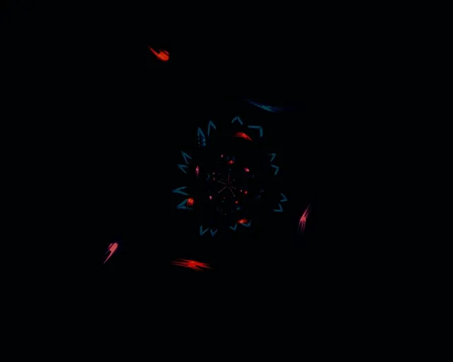 Nanoddau neon coch a glas yn troelli trwy dwnel tywyll haniaethol gan greu patrwm eddy kaleidoscope mewn VJ loop diwydiannol