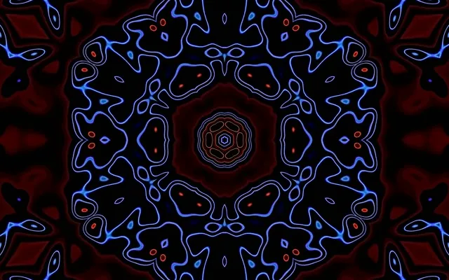 Symmetrisk neon blå og rød kaleidoskopisk tunnel med geometriske blomstermønstre, der blomstrer indad og skaber en uendelig virveleffekt