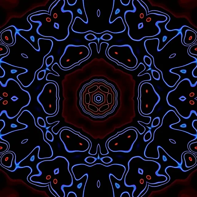 Simmetriese blou en rooi neon kaleidoskooppatroon met gloeiende geometriese vorme wat 'n bloeiende tunnelwervel vorm, VJ loop 60fps