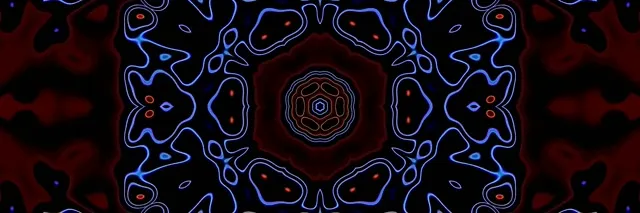 Simetrični neonski tunel z modrim in rdečim svetlečim kaleidoskopom, šestkotni geometrijski center, abstraktna VJ zanka