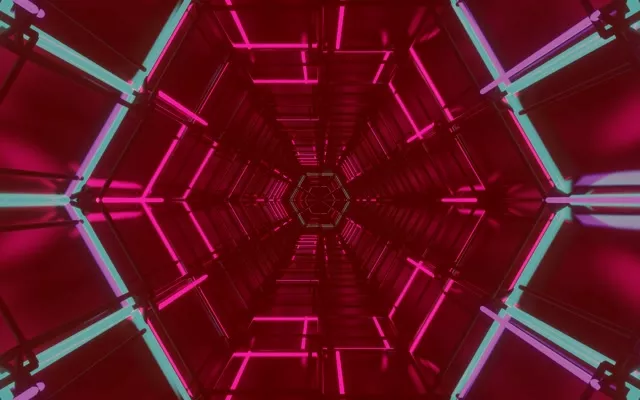 Magenta ir cianas neon šešiakampio tunelis traukiasi į begalinį gylį, simetriškas geometrinis tinklelio šablonas su šviečiančiomis rožinėmis ir turkio linijomis, 4K VJ kilpa judantis fonas