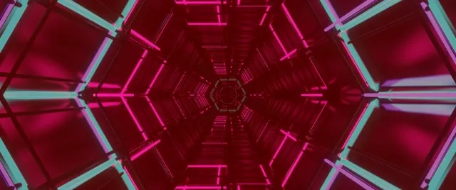 Tunel sześciokątny neon magenta i cyjan w nieskończoną głębię, geometryczny wzór siatki ze świecącymi różowymi liniami, abstrakcyjna pętla VJ