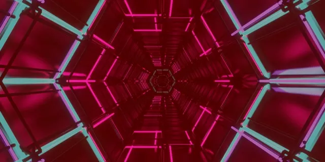 充满活力的品红和青色霓虹隧道，具有六边形网格图案，延伸到无限深度，4K VJ循环背景
