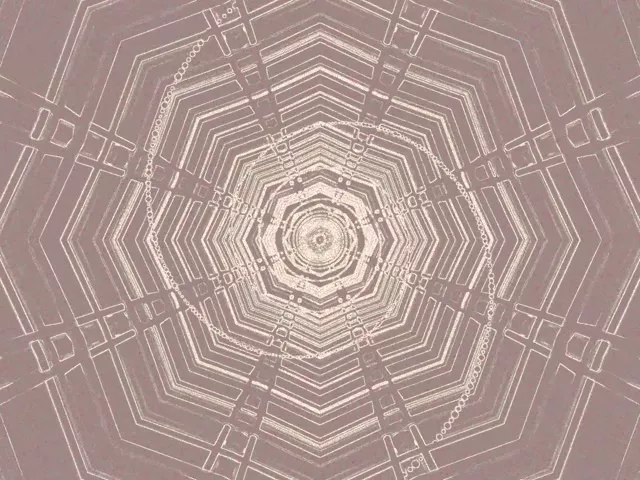 კონცენტრული რვაკუთხედი ნეონის გვირაბი გეომეტრიული სპირალური ცხრილით, ვერცხლისფერი და თეთრი სიკაფო ხაზები აქმნის ღრმა ღრუბელთ ეფექტს, VJ loop