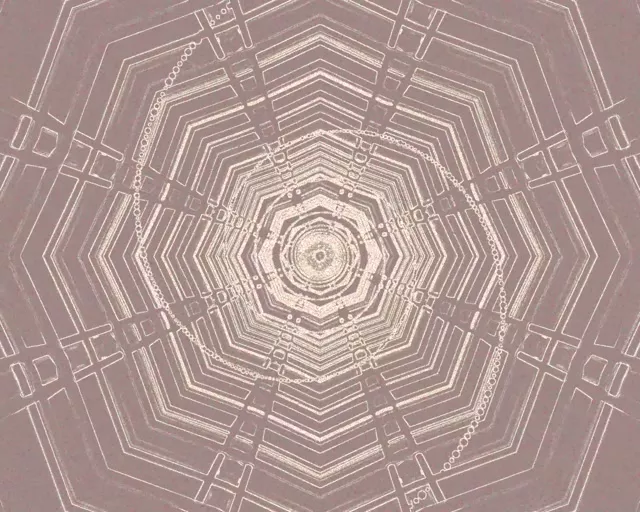 同心八邊形霓虹網格隧道，米色和淺紫色調，螺旋向內，為VJ迴圈創造無限幾何渦旋效果