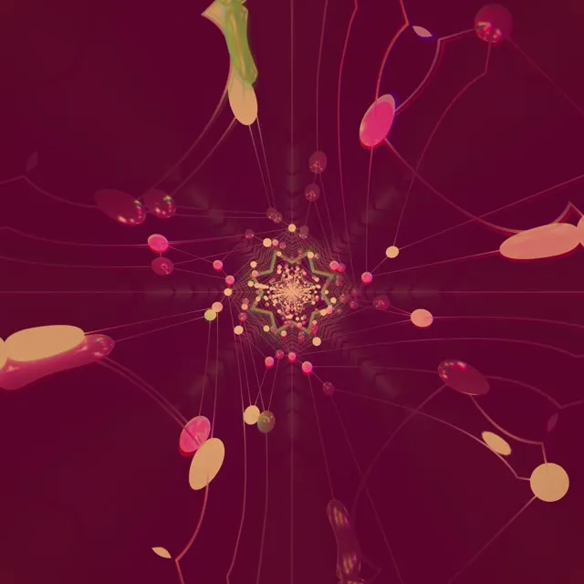 Абстрактний неоновий тунель з пурпурово-золотим калейдоскопним зірковим вибухом, світні частинки випромінюють від центру, VJ loop 60fps