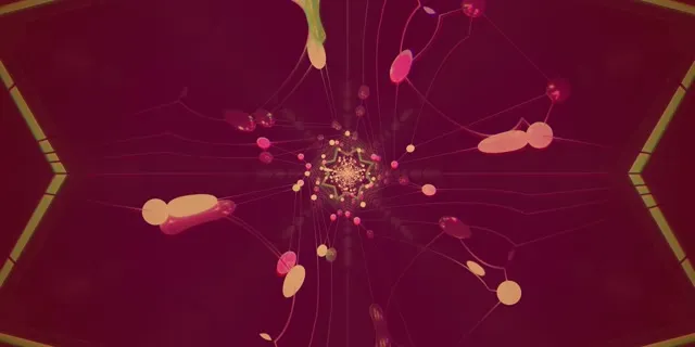 深红色和金色霓虹隧道，辐射星形万花筒图案，粒子流过中心漩涡，深酒红背景，抽象VJ循环动画