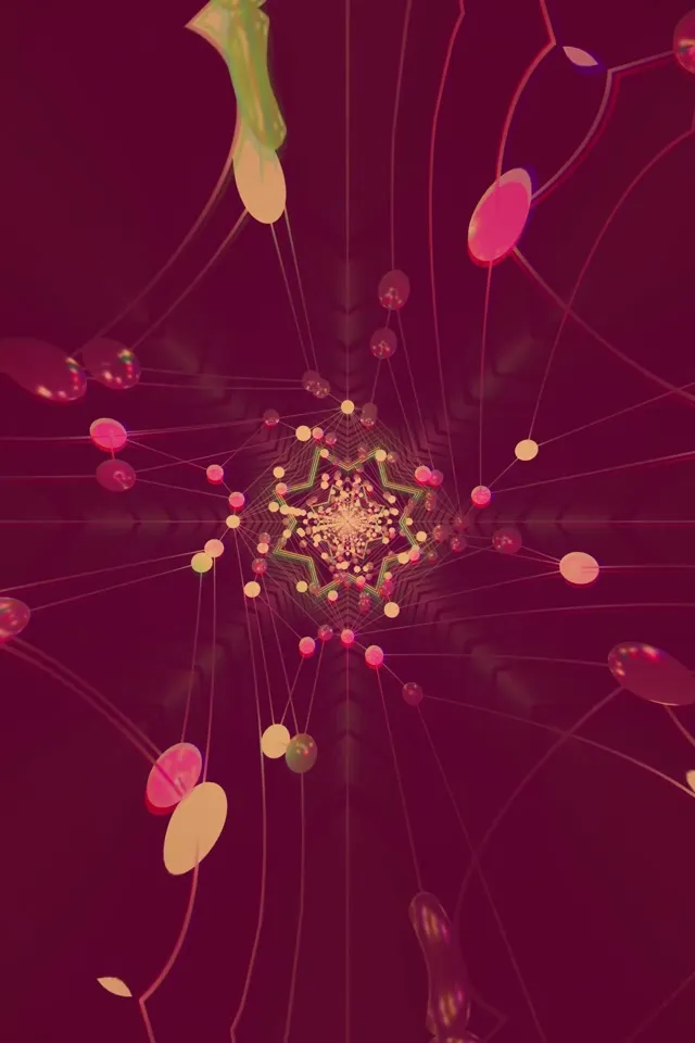 Virpantis neoninis tunelis kaleidoskopas su rožiniais, auksiniais ir geltonais švytinčiais rutuliais, sujungtais linijomis, kurie šviečia iš centrinio mandalo motyvo, abstrakti VJ kilpa