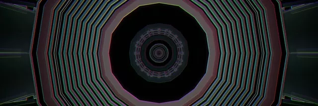 Des anneaux de néon concentriques spiralent dans un tunnel lumineux avec des tons rose, cyan et foncés dans cette boucle VJ hypnotique 4K.