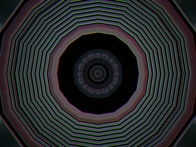 Túnel de néon octogonal pulsante com anéis concêntricos verdes e roxos espiralizando para dentro, criando um efeito de loop VJ hipnotizante