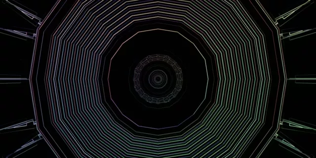 Восьмикутна неонова тунель з концентричними синіми та голубими лініями, що сходяться до темного центру, 4K VJ loop