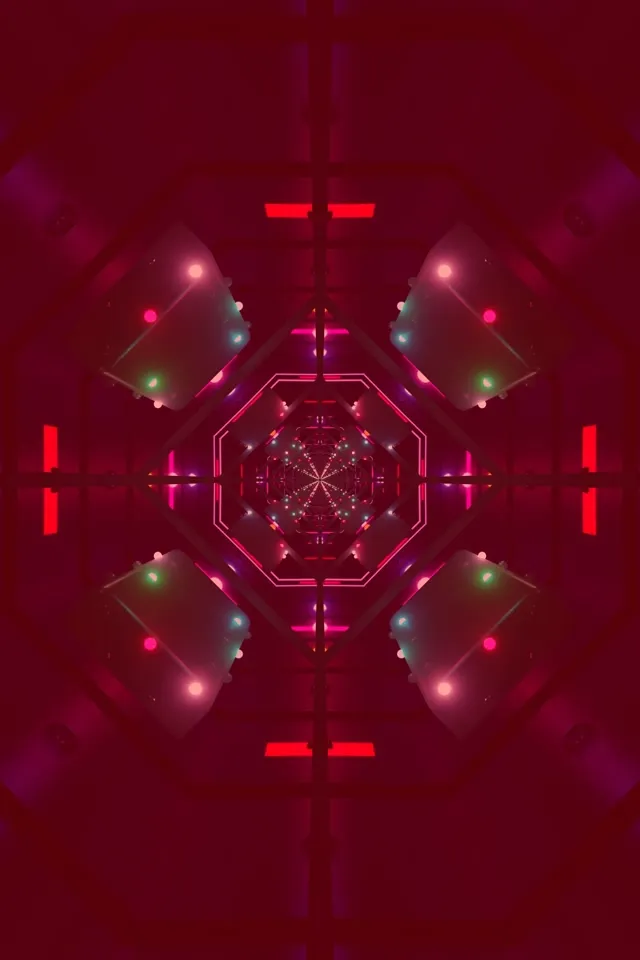 সমমিত নিয়ন আটকোণী ঘূর্ণি গভীর লাল এবং ম্যাজেন্টা জ্যামিতিক প্যাটার্ন সহ, উজ্জ্বল গোলাপী এবং সায়ান আলো VJ লুপের জন্য সম্মোহক টানেল প্রভাব তৈরি করে