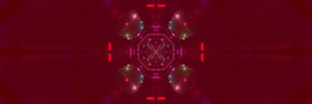 深紅色霓虹隧道，對稱八角形渦旋，粉紅色和金色光線向內螺旋，60fps抽象VJ循環動畫背景