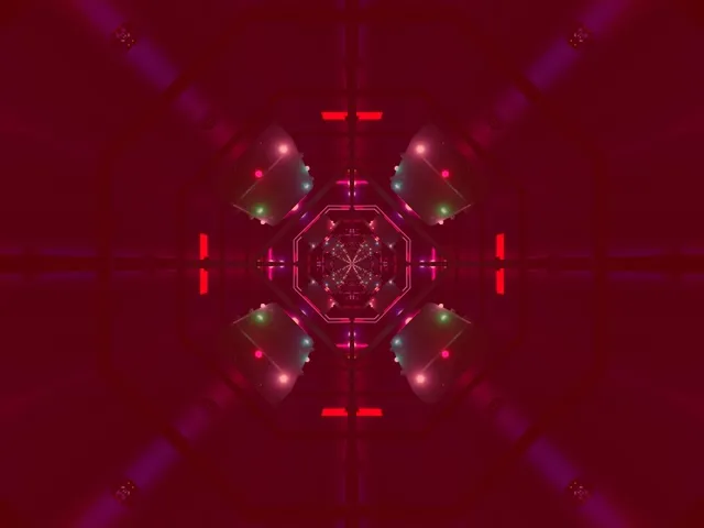 Συμμετρικός νέον-οκτάγωνο δίνη με κόκκινα και ρόζ φώς που στροβιλίζεται προς τα μέσα, δημιουργώντας υπνωτικό αποτέλεσμα σήραγγας σε σκούρο γراφίτη φόντο