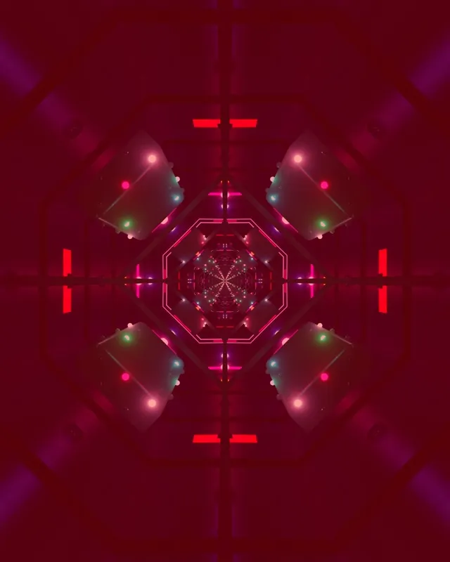 Симметричный неоновый туннель восьмиугольник калейдоскоп с красными, розовыми и голубыми огнями излучающими из центра, абстрактная VJ петля