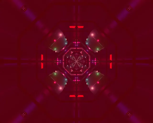 Twnnel troell octagon neon cymesur gyda golau coch a rhosyn disglair yn troelli tuag i mewn, cefndir symudiad VJ haniaethol diwydiannol